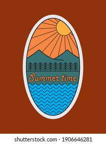 illustration of sea and mountain views for design of t-shirts, pins, emblems-summer time