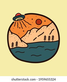 illustration of the sea and mountains being attacked by UFO for t-shirt Design, tee design ,patch emblem badge design