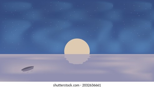 illustration of the sea at night brightly lit by the moonlight and cloudy sky