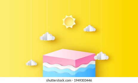 Illustration of Sea on the square box with cloud and sun hanging down. Square box design for used in placing your products in Summer. Paper cut and craft style. vector, illustration.