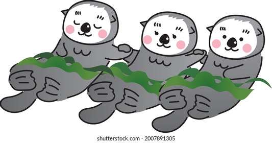 Illustration of sea otter wrapped in kelp and holding hands.