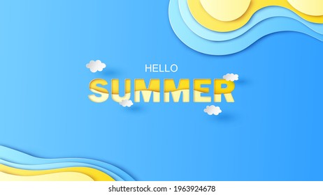 Illustration of Sea paper layered cut in aerial view with Hello Summer calligraphy. Hello Summer poster. paper cut and craft style. vector, illustration.