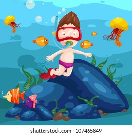 illustration of sea scape cute boy snorkeling on white