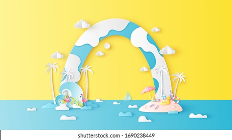 Illustration of sea scenery with the sky in the shape of an arch. Abstract sea scenery. Summer time. paper cut and craft style. vector, illustration.