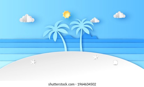 Illustration of sea scenery in summer with clear sky and blank space. Sea landscape. Summer time. paper cut and craft style. vector, illustration.