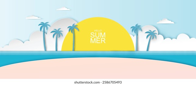 Illustration of sea scenery in summer with clear sky. Hello Summer poster. Sea landscape. paper cut and craft style. vector, illustration.