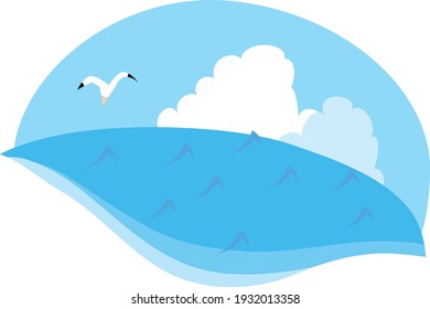 Ilustración del mar, gaviotas y nubes 