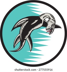 Illustration of a sea serpent swimming set inside circle done in retro woodcut style. 