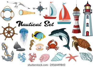 Illustration with sea set.Colored vector illustration with sea set on transparent background.