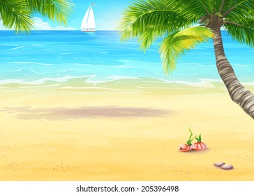 Illustration of the sea shore with palm trees and seashells