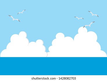 illustration of sea, sky, clouds and seagull flying.