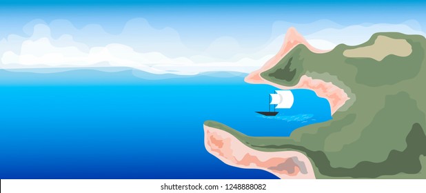 Illustration of sea with small ship and island