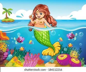 Illustration of a sea with a smiling mermaid