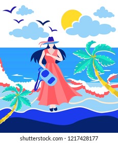 illustration of the sea, sun and Girl holding backpack on the beach. Character design, vacation concept