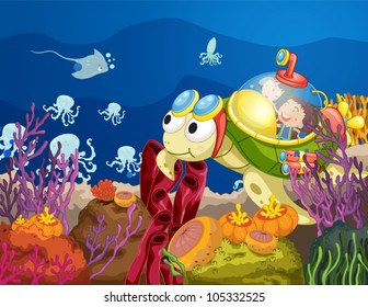 illustration of sea turtle carrying kids in water