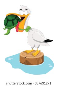 Illustration of a sea turtle choking a pelican