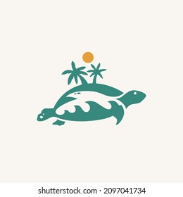 Illustration of sea turtle designed in negative space to form a sea wave and an island with palm or coconut tree and sun above it. Perfect for water tourism and travel agency company.