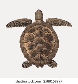 Illustration of a sea turtle with a detailed shell pattern. The turtle's flippers and shell are intricately designed, showcasing a realistic sea turtle depiction. Marine life vintage vector.