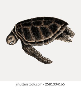 Illustration of a sea turtle with a shell. The sea turtle is depicted swimming, showcasing its textured shell and flippers. Sea turtle art in vintage style. Vintage marine life illustration vector.