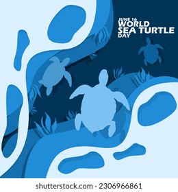 Illustration of a sea turtle swimming in the depths of the sea with rocks, plants and bold text to commemorate World Sea Turtle Day on June 16