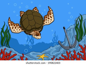 Illustration of sea turtle swimming. Underwater seascape with corals, seaweed, anchor and sea star.