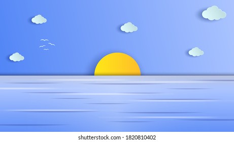 Illustration of sea view with birds flying. Sea view in clear sky. paper cut and craft style. vector, illustration.