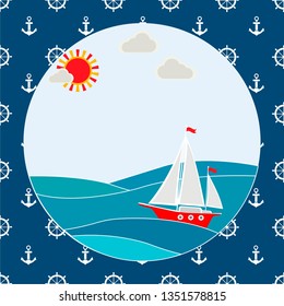 Illustration of sea view with a floating sailing boat. Vector illustration.