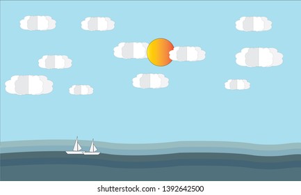 Illustration of sea view with a floating sailing boat in the sea. Sea view on clear sky. 