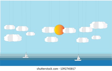 Illustration of sea view with a floating sailing boat in the sea,paper cut and craft style