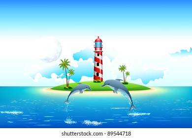 illustration of sea view with jumping dolphin and lighthouse on island