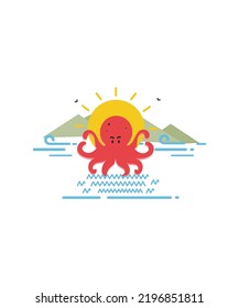 ilustración de la vista al mar con el pulpo saltador y escénico en la isla