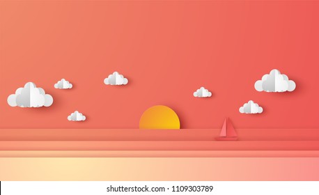 Illustration of sea view and sunset in the evening with a floating sailing boat in the sea. Beautiful sunset seascape. paper cut and craft style. vector, illustration.
