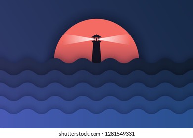 Illustration of sea view and sunset in the evening with a sun and the spotlight and the light in the sea. Beautiful sunset seascape. paper cut and craft style. vector, illustration - Vector
