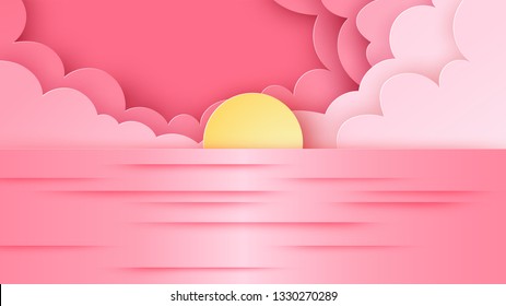 Illustration of sea view and sunset in the evening. Beautiful sunset on seascape. Sea view in summer. paper cut and craft style. vector, illustration.