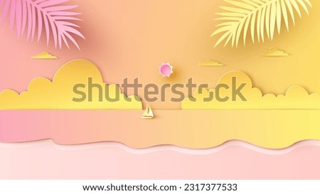 Illustration of sea view and sunset in the evening with a floating sailing boat in the sea. Beautiful sunset seascape. paper cut and craft style. vector, illustration.