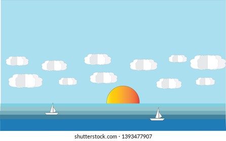 Illustration of sea view sunset with a floating sailing boat in the sea, paper cut and craft style