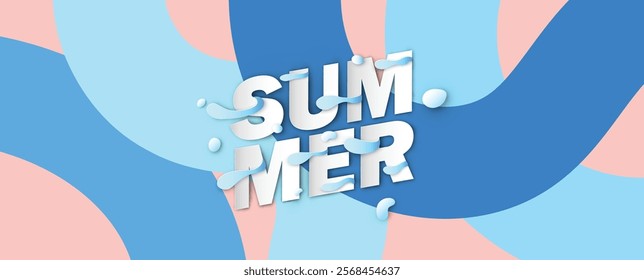 Illustration of sea water splash background decorated with SUMMER calligraphy. SUMMER calligraphy design. paper cut and craft style. vector, illustration.