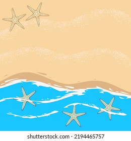 Illustration with sea, waves, beach and starfish. Marine vector background.