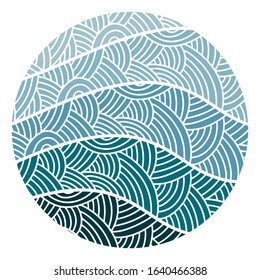 Illustration with sea waves. The geometric pattern. Blue background, doodle. - Vector.