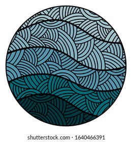 Illustration with sea waves. The geometric pattern. Blue background, doodle. - Vector.