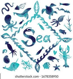 Illustration of sea wildlife. With usage of handmade designed alphabet and other elements. Ocean life.