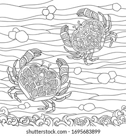 Illustration Of The Sea World On White Isolated Background. Two Crabs With Simple Patterns On Sand With Decorative Waves. For Coloring Book Pages.