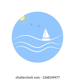 Illustration sea and yacht in blue circle on white background. Logo marine season,sunny seafront, modern vacation. Design element. Vector illustration