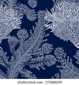 Illustration of the seabed with corals. Vector. Seamless background for textile, fabric, paper, wallpaper. Black and white.