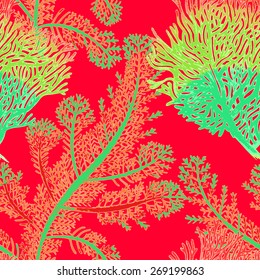 Illustration of the seabed with exotic corals. Vector seamless background.