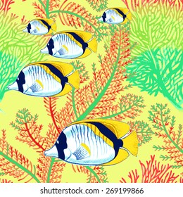 Illustration of the seabed with exotic fish and corals. Vector seamless background.