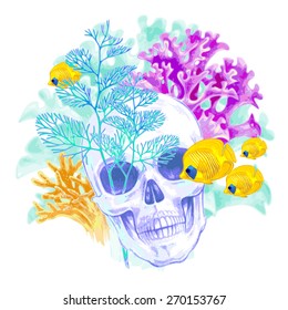 Illustration of the seabed. Exotic fish, corals, skull. Vector. Composition isolated on white background.