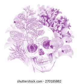 Illustration of the seabed. Exotic fish, corals, skull. Vector. Composition isolated on white background.