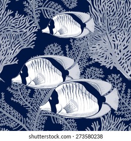 Illustration of the seabed with exotic fish and corals. Vector. Seamless background for textile, fabric, paper, wallpaper. Black and white.