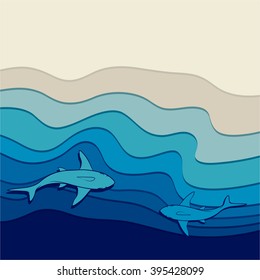 Illustration of the seabed with sharks swimming in the water near the shore